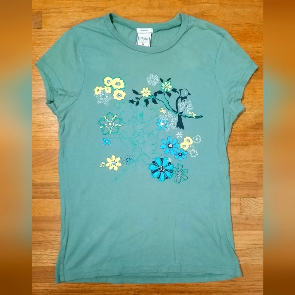 Vintage Y2K Embroidered Rhinestone Bird & Flower Design Teal Old Navy T-shirt M